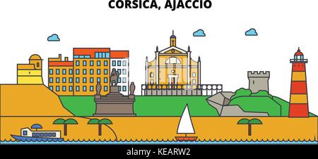 Francia, Ajaccio Corsica. skyline della città di architettura, edifici, strade, silhouette, paesaggio, panorama, Landmarks. corse modificabile. piatta linea design illustrazione vettoriale concetto. isolato set di icone Illustrazione Vettoriale