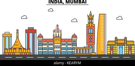 India, Mumbai. skyline della città di architettura, edifici, strade, silhouette, paesaggio, panorama, Landmarks. corse modificabile. piatta linea design illustrazione vettoriale concetto. isolato set di icone Illustrazione Vettoriale