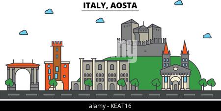 L'Italia, Aosta. skyline della città di architettura, edifici, strade, silhouette, paesaggio, panorama, Landmarks. corse modificabile. piatta linea design illustrazione vettoriale concetto. isolato set di icone Illustrazione Vettoriale