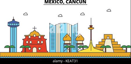 Messico, Cancun. skyline della città di architettura, edifici, strade, silhouette, paesaggio, panorama, Landmarks. corse modificabile. piatta linea design illustrazione vettoriale concetto. isolato set di icone Illustrazione Vettoriale