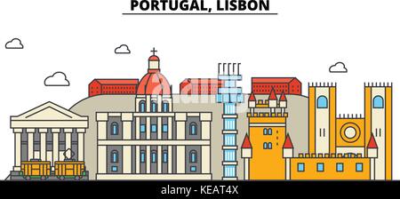 Il portogallo Lisbona. skyline della città di architettura, edifici, strade, silhouette, paesaggio, panorama, Landmarks. corse modificabile. piatta linea design illustrazione vettoriale concetto. isolato set di icone Illustrazione Vettoriale