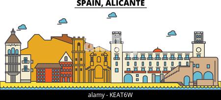 Spagna alicante. skyline della città di architettura, edifici, strade, silhouette, paesaggio, panorama, Landmarks. corse modificabile. piatta linea design illustrazione vettoriale concetto. isolato set di icone Illustrazione Vettoriale