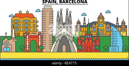 Spagna, Barcellona. skyline della città di architettura, edifici, strade, silhouette, paesaggio, panorama, Landmarks. corse modificabile. piatta linea design illustrazione vettoriale concetto. isolato set di icone Illustrazione Vettoriale