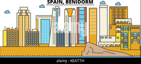 Spagna, Benidorm. skyline della città di architettura, edifici, strade, silhouette, paesaggio, panorama, Landmarks. corse modificabile. piatta linea design illustrazione vettoriale concetto. isolato set di icone Illustrazione Vettoriale