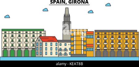 Spagna girona. skyline della città di architettura, edifici, strade, silhouette, paesaggio, panorama, Landmarks. corse modificabile. piatta linea design illustrazione vettoriale concetto. isolato set di icone Illustrazione Vettoriale