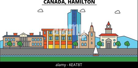 Canada, Hamilton. skyline della città di architettura, edifici, strade, silhouette, paesaggio, panorama, Landmarks. corse modificabile. piatta linea design illustrazione vettoriale concetto. isolato set di icone Illustrazione Vettoriale