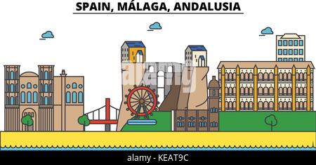 Spagna, Malaga, Andalusia. skyline della città di architettura, edifici, strade, silhouette, paesaggio, panorama, Landmarks. corse modificabile. piatta linea design illustrazione vettoriale. isolato set di icone Illustrazione Vettoriale