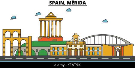 Spagna, Merida. skyline della città di architettura, edifici, strade, silhouette, paesaggio, panorama, Landmarks. corse modificabile. piatta linea design illustrazione vettoriale concetto. isolato set di icone Illustrazione Vettoriale