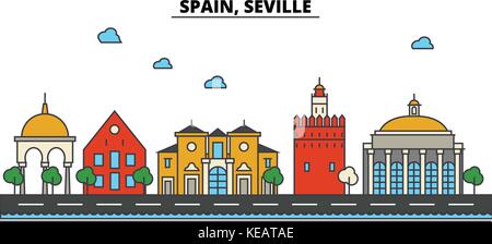 Spagna siviglia. skyline della città di architettura, edifici, strade, silhouette, paesaggio, panorama, Landmarks. corse modificabile. piatta linea design illustrazione vettoriale concetto. isolato set di icone Illustrazione Vettoriale