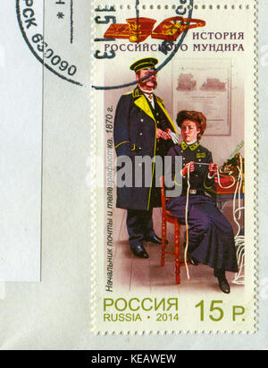 GOMEL, BIELORUSSIA, 13 OTTOBRE 2017, Stamp stampato in Russia mostra l'immagine della Storia dell'uniforme russa, circa 2014. Foto Stock