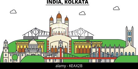 India, Calcutta, induismo. skyline della città, architettura, edifici, strade, silhouette, paesaggio, panorama, Landmarks. corse modificabile. piatta linea design illustrazione vettoriale concetto. isolato set di icone Illustrazione Vettoriale