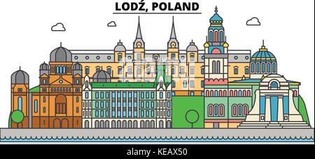 La Polonia, a Lodz. skyline della città, architettura, edifici, strade, silhouette, paesaggio, panorama, Landmarks. corse modificabile. piatta linea design illustrazione vettoriale concetto. isolato set di icone Illustrazione Vettoriale