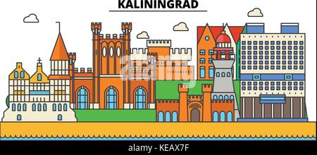 Russia, Kaliningrad, la Prussia. skyline della città, architettura, edifici, strade, silhouette, paesaggio, panorama, Landmarks. corse modificabile. piatta linea design illustrazione vettoriale nozione isolati a icone Illustrazione Vettoriale