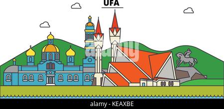 La Russia, Ufa. skyline della città, architettura, edifici, strade, silhouette, paesaggio, panorama, Landmarks. corse modificabile. piatta linea design illustrazione vettoriale concetto. isolato set di icone Illustrazione Vettoriale