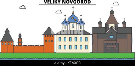 Russia, veliki novgorod. skyline della città, architettura, edifici, strade, silhouette, paesaggio, panorama, Landmarks. corse modificabile. piatta linea design illustrazione vettoriale concetto. isolato set di icone Illustrazione Vettoriale