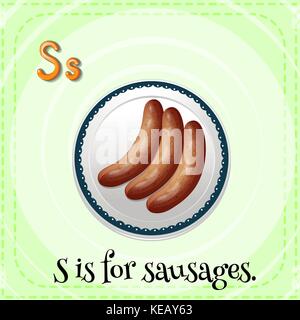 Flashcard lettera s è di salsicce con sfondo verde Illustrazione Vettoriale