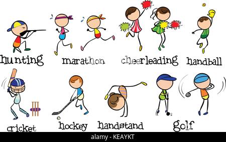 Doodle persone facendo diversi tipi di sport Illustrazione Vettoriale