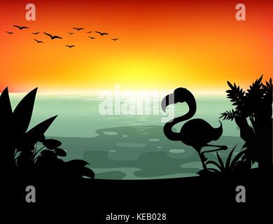 Il lago di scena con silhouette di uccelli e piante Illustrazione Vettoriale