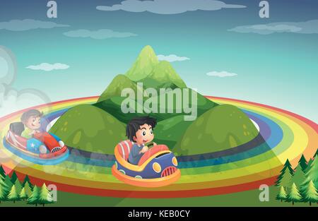 I ragazzi di equitazione su auto rainbow intorno alla montagna Illustrazione Vettoriale