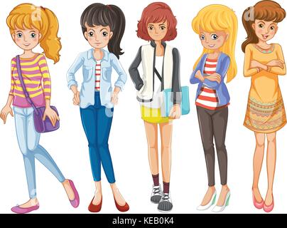 Cinque università ragazze insieme permanente Illustrazione Vettoriale