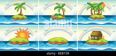 Sei scene di isola nel mezzo dell'oceano Illustrazione Vettoriale