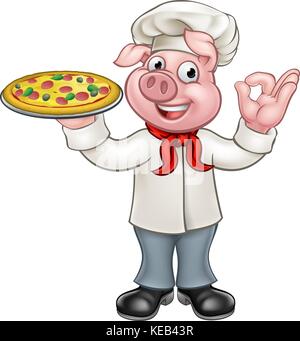 Cartoon Pizza Chef carattere di maiale Illustrazione Vettoriale