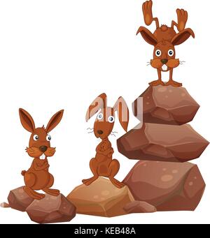 Illustrazione di tre conigli su rocce Illustrazione Vettoriale