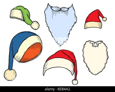 Set di inverno sciarpe e cappucci di santa con la barba con diversi colori e stili. Cappello invernale vestiti, accessori di moda abbigliamento in maglia, vector illustrat Illustrazione Vettoriale