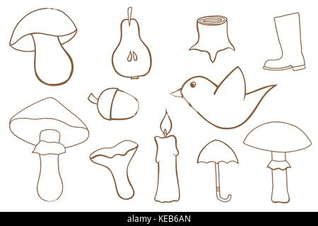 Vettore di autunno set. disegnati a mano oggetti monocromatici gruppo. isolato su sfondo bianco Illustrazione Vettoriale