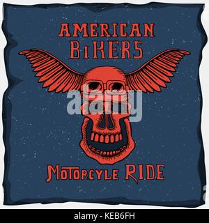 Il simbolo per il biker club, American bikers pista t-shirt design con disegnati a mano cranio nel casco del motociclo sul vecchio grunge sfondo scuro. Illustrazione Vettoriale
