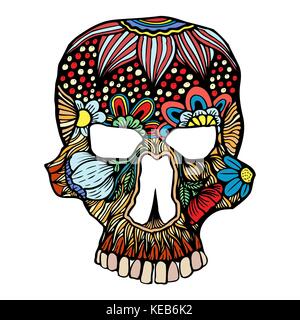 Cranio fiori decorazione. illustrazione vettoriale. freehand sketch per adulti anti stress pagina di colorazione con doodle elementi ornamentali etnici modellato v Illustrazione Vettoriale