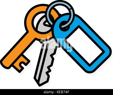 Grappolo di metallo due chiavi di casa, una piccola chiave in ottone e uno della chiave della porta anteriore su un anello fissato ad una plastica blu nome tag con la copia in bianco spazio, vettore Illustrazione Vettoriale