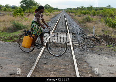 Mozambico, Moatize, Cateme, questa nuova sistemazione è stato costruito dal Brasile coal company vale come compensazione per sfollati da Chipanga, dove vale si estende la sua attività minerarie del carbone, nuovo binario ferroviario per il trasporto di carbone al porto di Beira, donna trasporto taniche per il trasporto di acqua in bicicletta Foto Stock