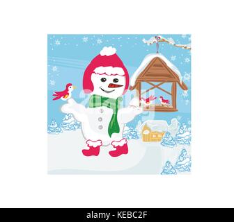 Pupazzo di neve nutre gli uccelli Illustrazione Vettoriale