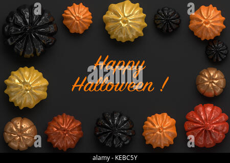 Rendering in 3d di zucche di Halloween lucide nere, arancioni e dorate con la parola "Happy Halloween" al centro Foto Stock