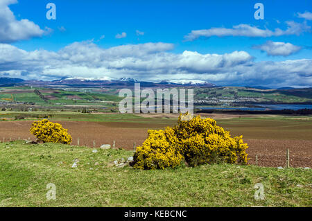 Vista su tutta Cromarty Firth a Dingwall dalla Black Isle vicino a Pasqua Kinkell nelle Highland Scozzesi con Ben Wyvis a distanza Foto Stock