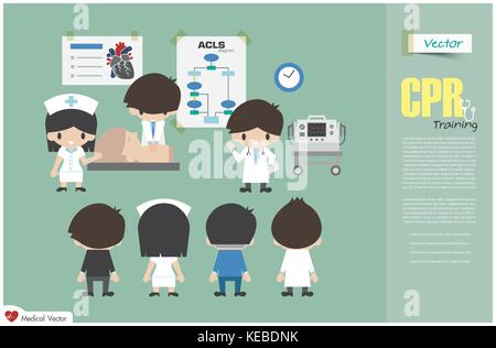 Formazione cpr . team medico sono l'insegnamento circa la rianimazione cardiopolmonare in ospedale . vector . design piatto . Illustrazione Vettoriale