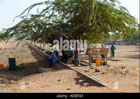 Il BURKINA FASO Kaya, albero sulla ferrovia abbandonata via / BURKINA FASO Kaya Mit einem Baum zugewachsene Eisenbahnschiene Foto Stock