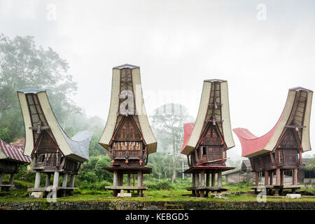 Highland mist con riso robuste strutture del negozio in forma di toraja tongkonan. Gli edifici tradizionali della cultura indigena di Tana Toraja Foto Stock