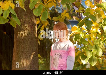 Ritratto di una bambina in piedi accanto a autunno Albero colorato Foto Stock