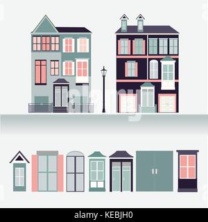 Esterno della casa impostare icone illustrazione vettoriale home stile piatto Illustrazione Vettoriale