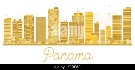 Panama City skyline golden silhouette. Illustrazione Vettoriale. Business travel concept. Panama Cityscape con punti di riferimento Illustrazione Vettoriale