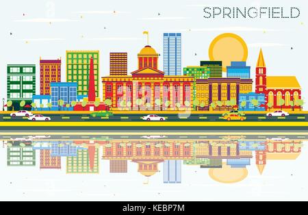 Springfield skyline con edifici di colore, cielo blu e riflessi. illustrazione vettoriale. business viaggi e turismo concept. Illustrazione Vettoriale