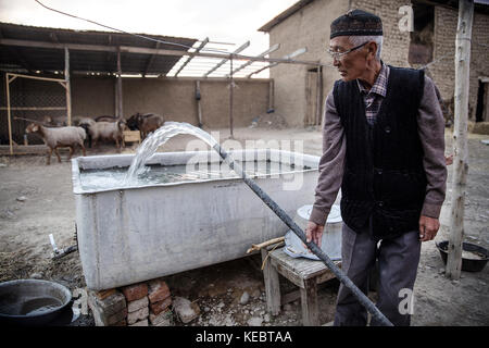 Beshkent, Kirghizistan. 12 ottobre 2016. Un pastore riempie un serbatoio d'acqua che usa per i suoi animali nel villaggio di Lyaily vicino a Beshkent, Kirghizistan. L'acqua potabile locale è vulnerabile alla contaminazione da batteri che causano epatite e altre malattie trasmesse dall'acqua. La gente del posto spera e sta pianificando un progetto infrastrutturale per portare acqua pulita nelle loro case. Nei villaggi del Kirghizistan (Asia centrale) i sistemi e le infrastrutture di erogazione dell'acqua antiquati sono la causa di problemi di salute come epidemie di epatite e malattie gastrointestinali, soprattutto tra i bambini. (Immagine credito Foto Stock