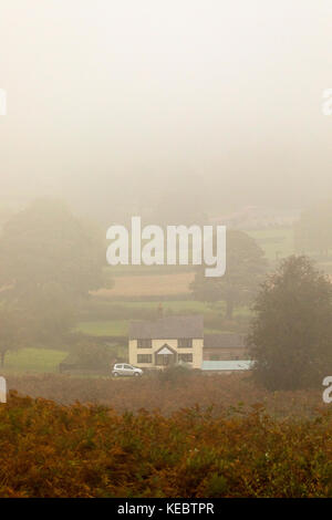 Flintshire, Wales, Regno Unito. Xix oct, 2017. Regno Unito Meteo. Una nebbiosa o foggy start per molti oggi con le prospettive di tempesta Brian, un altro denominato storm per il fine settimana per il Galles del Nord. Una casa colonica con una nebbia paesaggio protetto nella periferia di Rhes-y-Cae nel villaggio rurale di Flintshire, Galles Credito: DGDImages/Alamy Live News Foto Stock