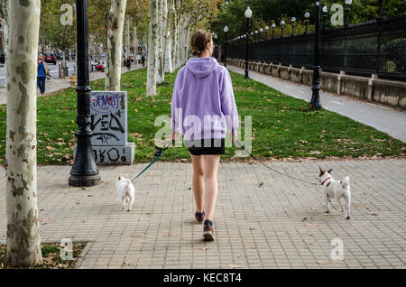 Barcellona, in Catalogna, Spagna. Decimo oct, 2017. Una giovane donna cammina con i suoi due cani al di fuori del parco Ciutadella, temporaneamente chiuso dalla polizia.poche ore dopo il presidente della generalitad, carles puigdemont è in grado di dichiarare l'indipendenza della Catalogna, una forte cooperazione di polizia ha circondato il Parlamento di Catalogna. Il tradizionale ciutadella park è totalmente chiusa sin dal mattino. Credito: copyright paco freire/sopa/zuma filo/alamy live news Foto Stock