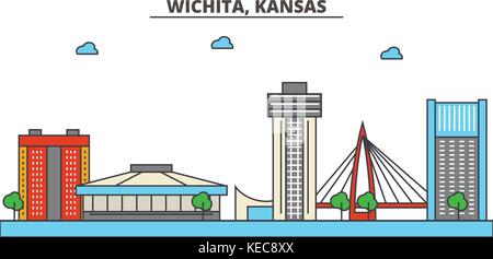 Kansas, wichita.skyline della città di architettura, edifici, strade, silhouette, paesaggio, panorama, punti di riferimento, icone. corse modificabile. piatta linea design illustrazione vettoriale concetto. Illustrazione Vettoriale