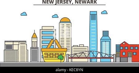 New Jersey Newark.skyline della città di architettura, edifici, strade, silhouette, paesaggio, panorama, punti di riferimento, icone. corse modificabile. piatta linea design illustrazione vettoriale concetto. Illustrazione Vettoriale