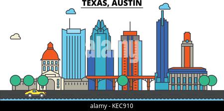 Texas, Austin.skyline della città di architettura, edifici, strade, silhouette, paesaggio, panorama, punti di riferimento, icone. corse modificabile. piatta linea design illustrazione vettoriale concetto. Illustrazione Vettoriale