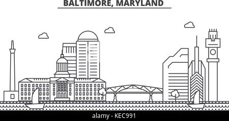 Baltimore, Maryland architettura skyline di linea illustrazione. vettore lineare cityscape con famosi punti di riferimento della città, icone del design. paesaggio all corse modificabile Illustrazione Vettoriale
